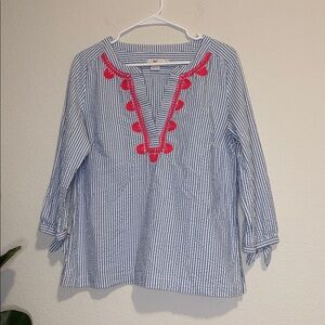 Vineyard Vines Blue White seersucker Striped Shirt with hot pink embroidery M